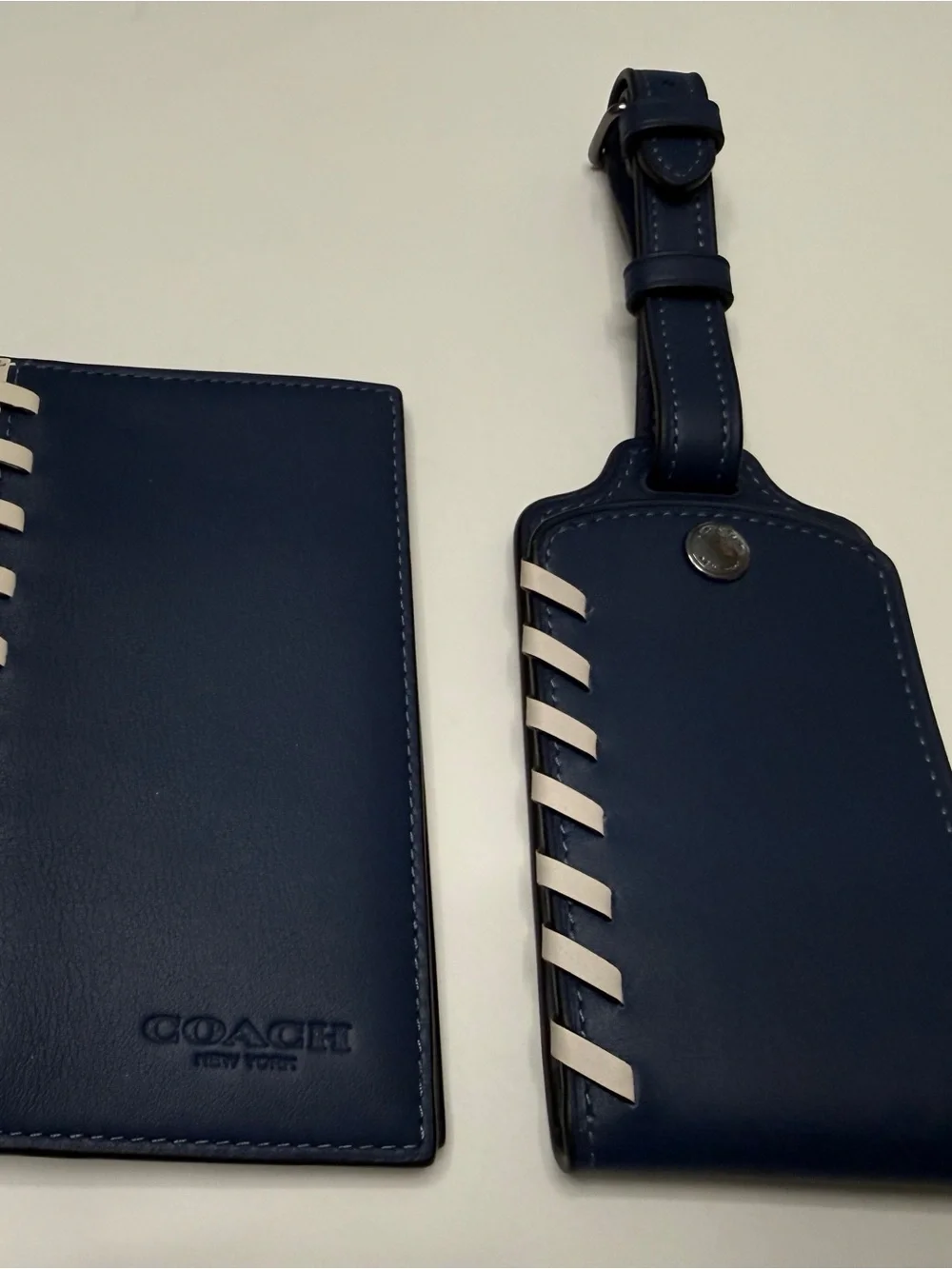 COACH Whipstitch Navy and Chalk Leather Passport Holder and Luggage Tag Set